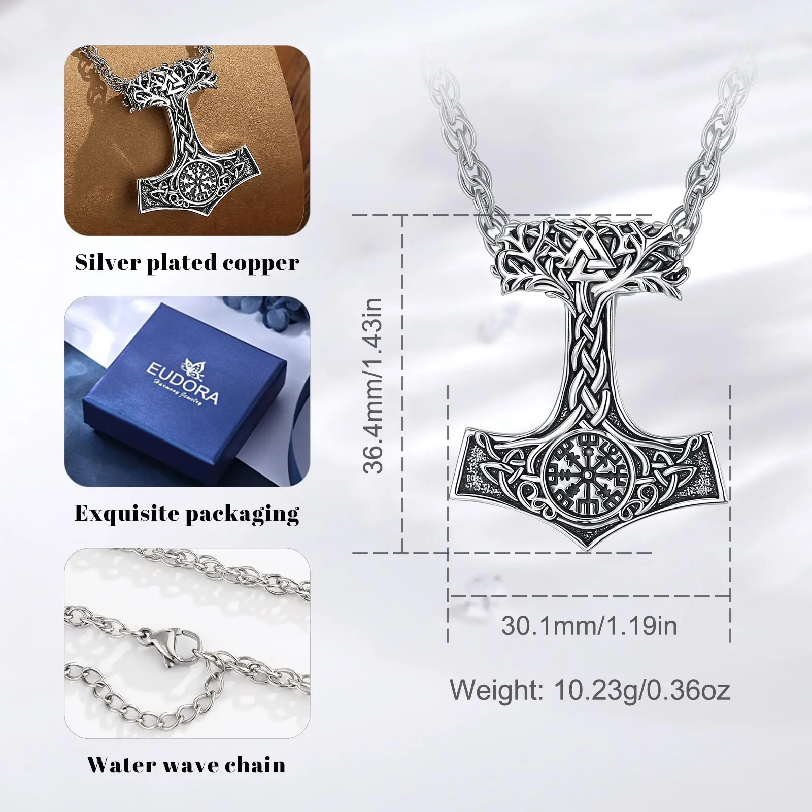 Eudora Copper Mjolnir Thors Hammer Necklace Viking Compass Yggdrasil Tree of Life Pendant Nordic Pagan Jewelry Gift for Men