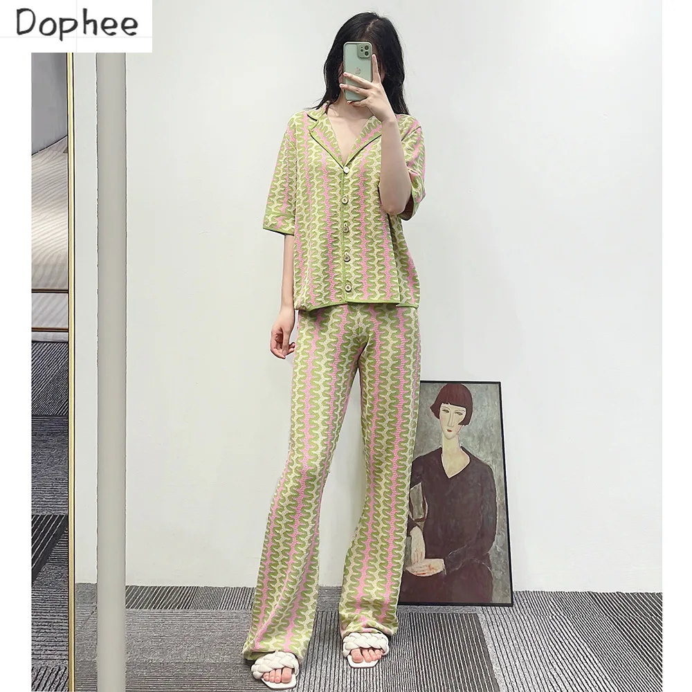 

High Quality Lazy Pajama Style Women Two-piece Set Geometric Printing Knitted Cardigans Top + High Waist Straight Pants Suits