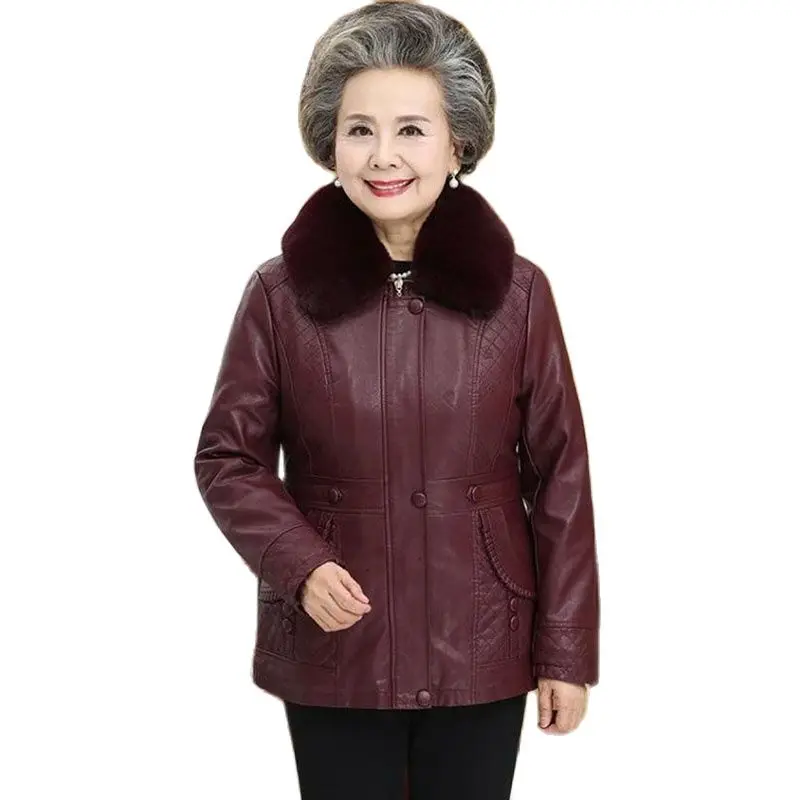 

Middle-aged Women Winter PU Leather Jacket 2022 New Thick Add Velvet Warm Parkas For Grandma Winter Short Faux Leather Coat 6XL