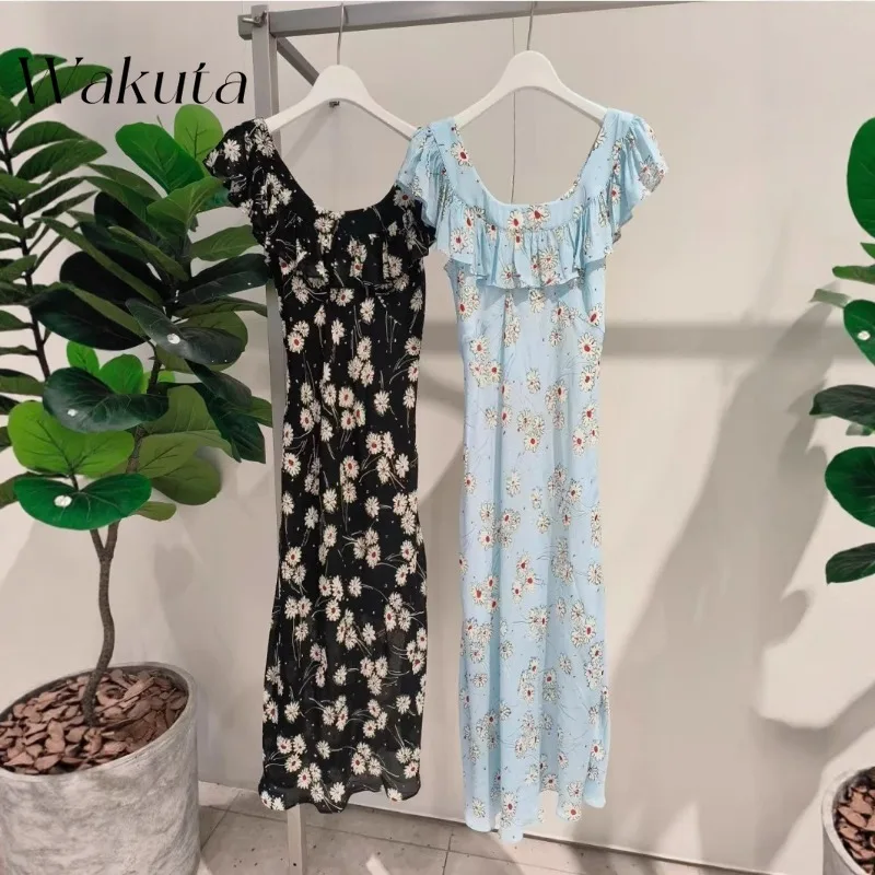 

WAKUTA Japanese Fashion Daisy Print U-neck Ruffled Short Sleeved Dresses Summer Dopamine Sweet Vacation Vestidos Streetwear Y2k