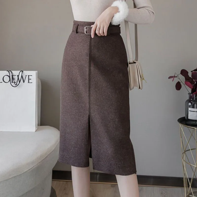 Elegant Front Split Office Pencil Skirt Ladies Fashion High Waisted Slim Patchwork Bodycon Skirts New Autumn Winter Woolen Skirt