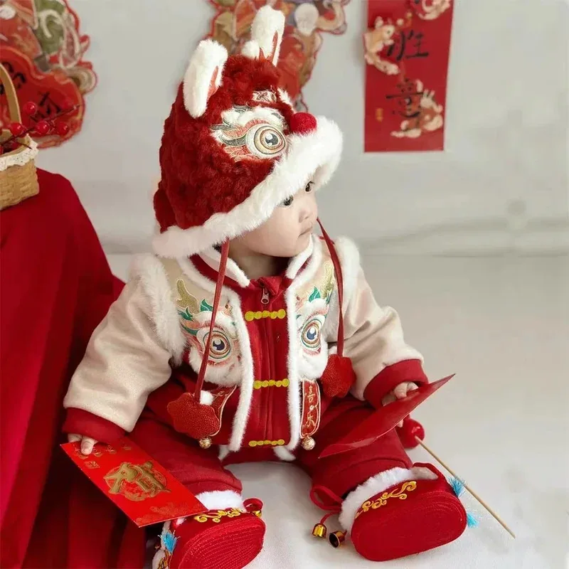 

2025НОВЫЙ китайский традиционный костюм дракона Hanfu для новорожденных девочек, красный новогодний комбинезон с цветочным принтом, подарок на день рождения, Рождество