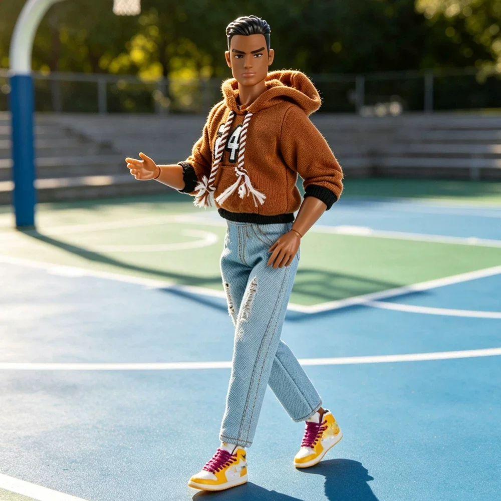 35cm Handsome Male Doll Joint Moveable 1/6 Supermodel Boy With Sports-inspired Casual Hoodie Ripped Jean Set White/Normal Skin