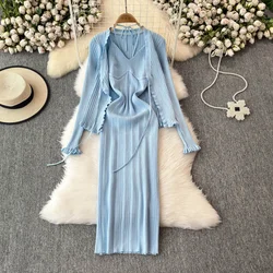 Chic Women Two-Piece Sets Vintage V-neck Halter Straps Knit Dress and Long Sleeve Lace-up Top Korean High Street Autumn Clothing