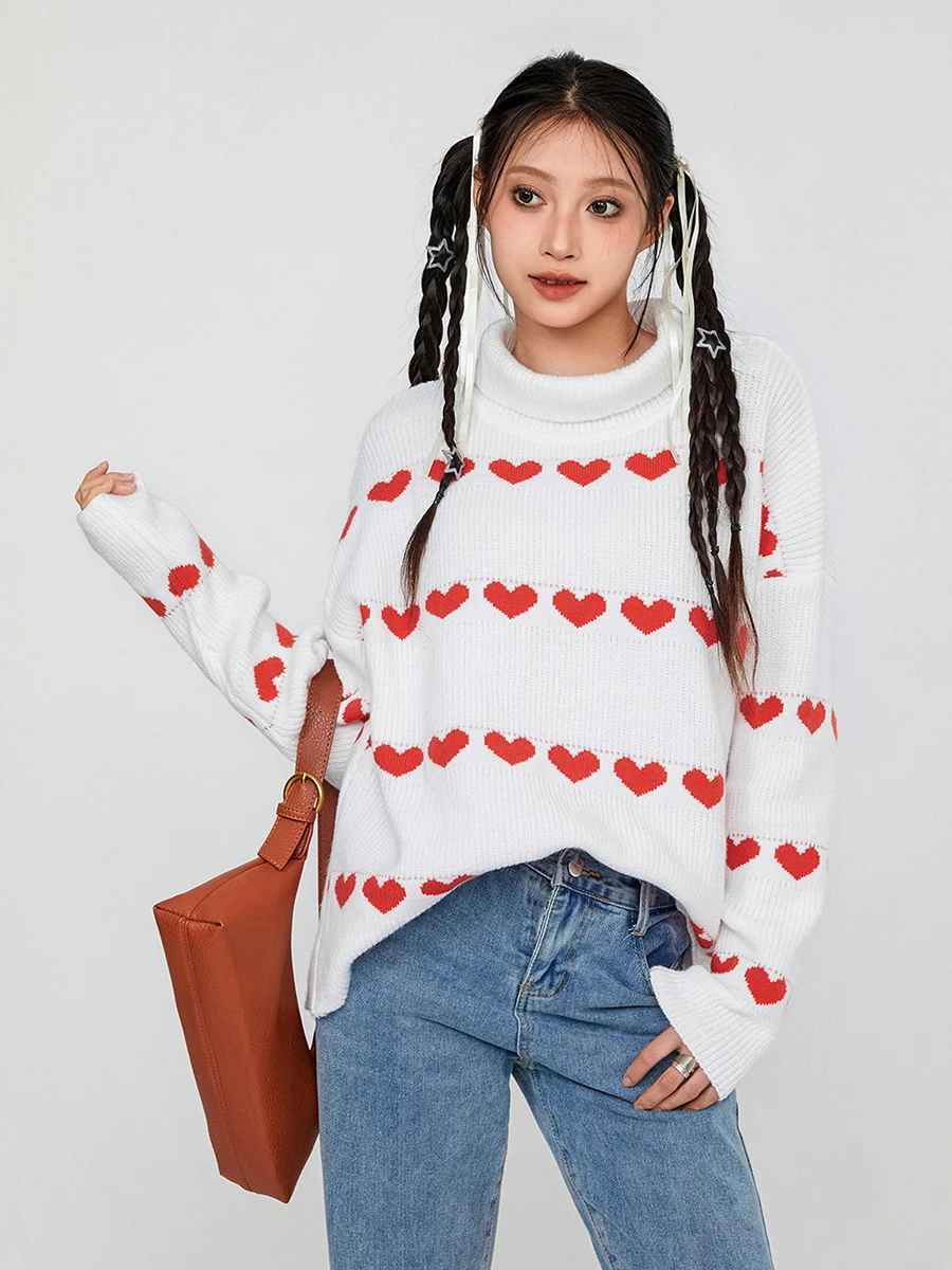 

wsevypo Fall Winter Love Heart Pattern Knit Sweaters Women's Long Sleeve Turtleneck Baggy Pullovers Jumpers for Valentine's Day