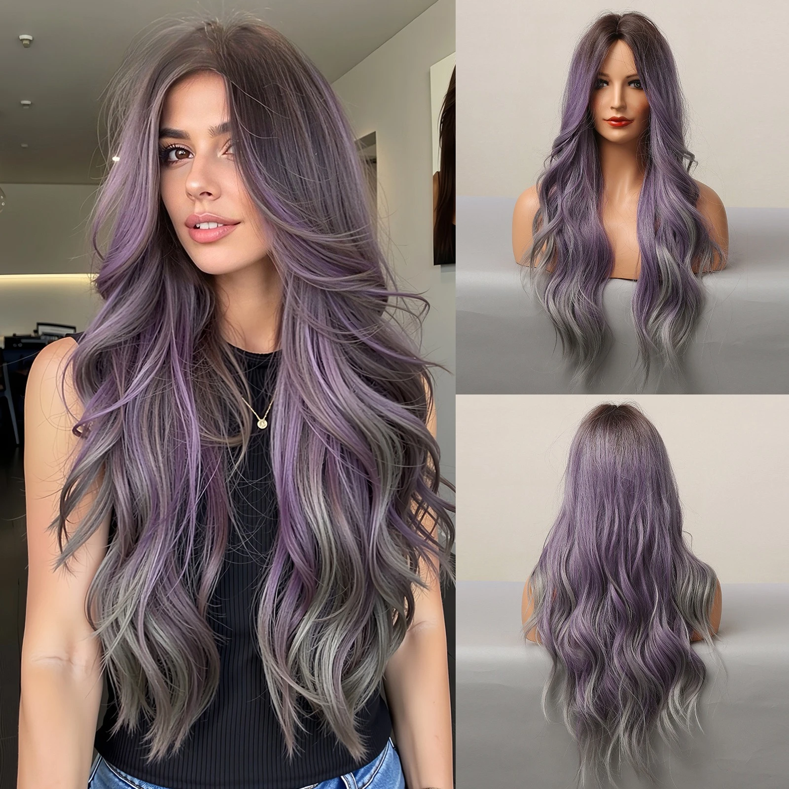 

Halloween medium curly hair purple mixed color women's wig festive high temperature silk wigs