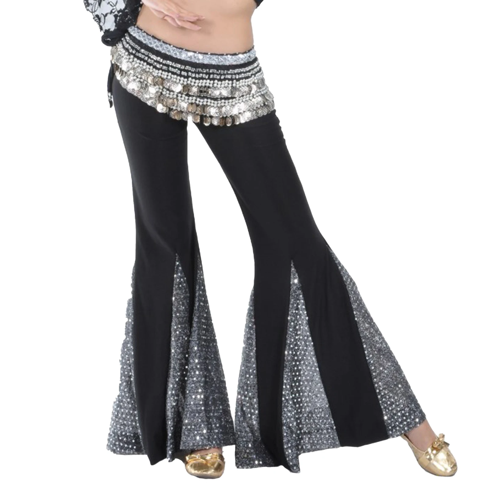 Womens Sparkling Sequins Fishtail Pants Low Rise Bell-Bottoms Flared Trousers for Belly Dance Practice Stage Performance