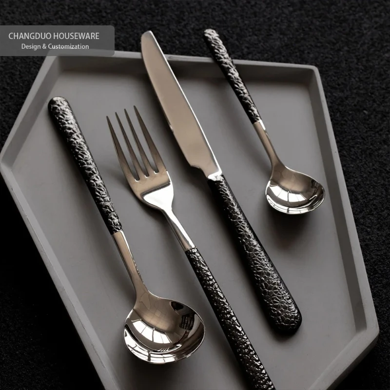 

4pcs Stainless Steel Cutlery Set Black Electroplating Handle Knife Fork Spoon Luxury Dinnerware Home Flatware Dishware Safe