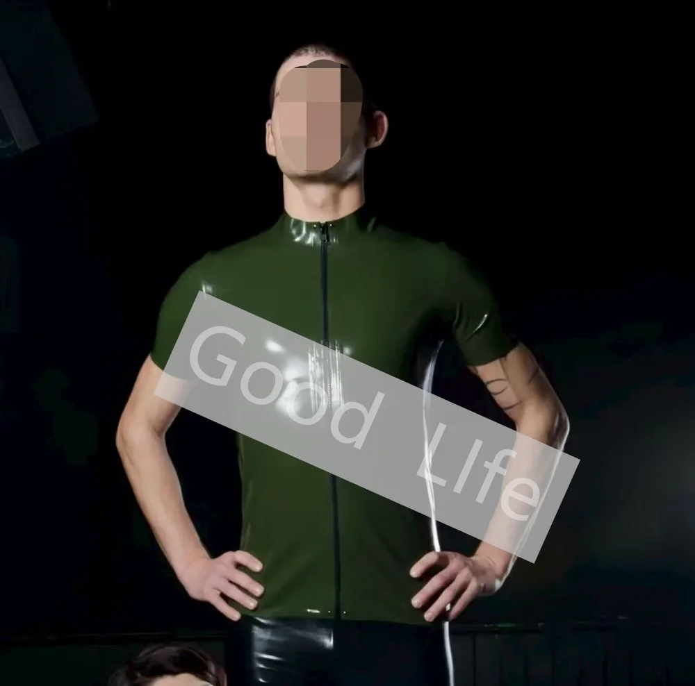 

Amy Green Натуральный латекс Мужская футболка с короткими рукавами Сексуальный мужской латексный топ Gummi Резиновая мужская рубашка поло на молнии спереди Хэллоуин Cos Wear