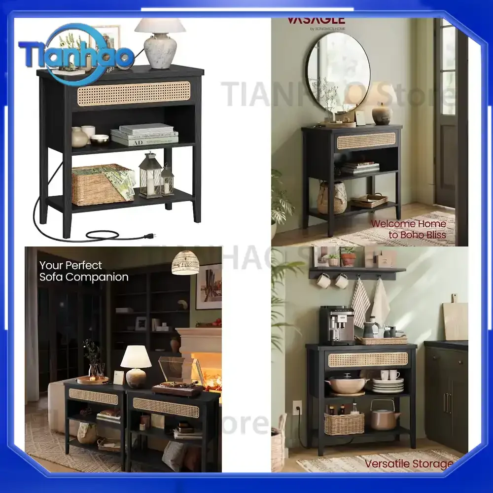 Boho Black Large Capacity Entryway Table Storage Shelf Rattan Console Table Sofa Table With Drawer for Home Office Living