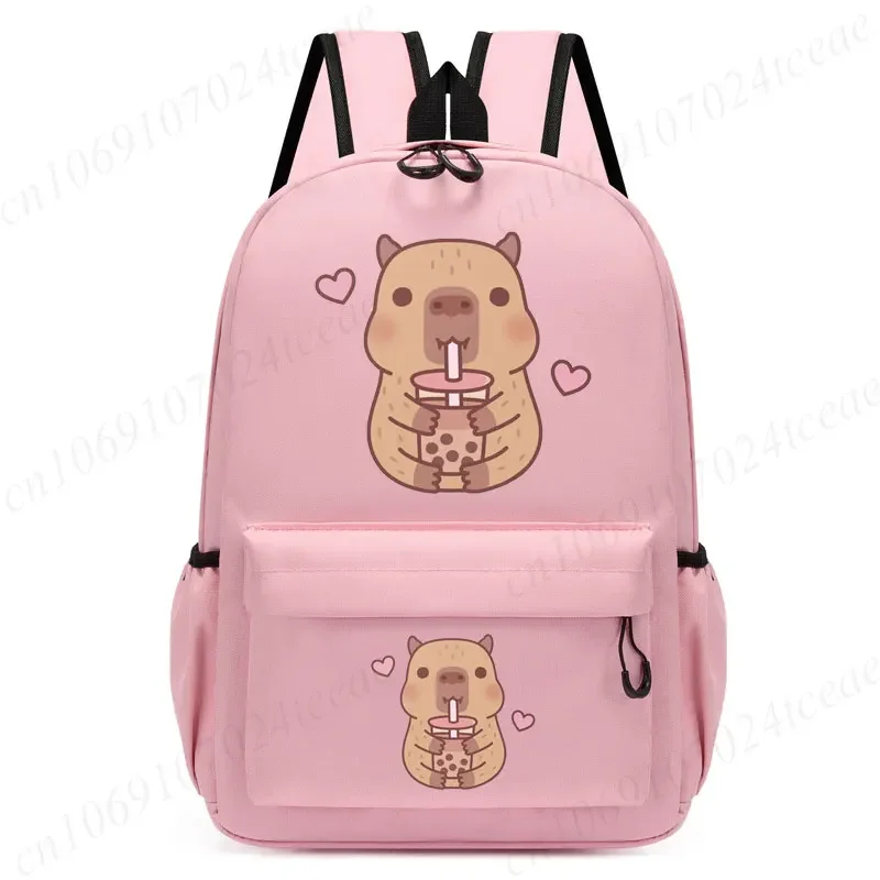 Bonito capivara adora chá bolha anime mochila para a escola crianças meninas lazer simples rosa mochila anime viagem mochila saco