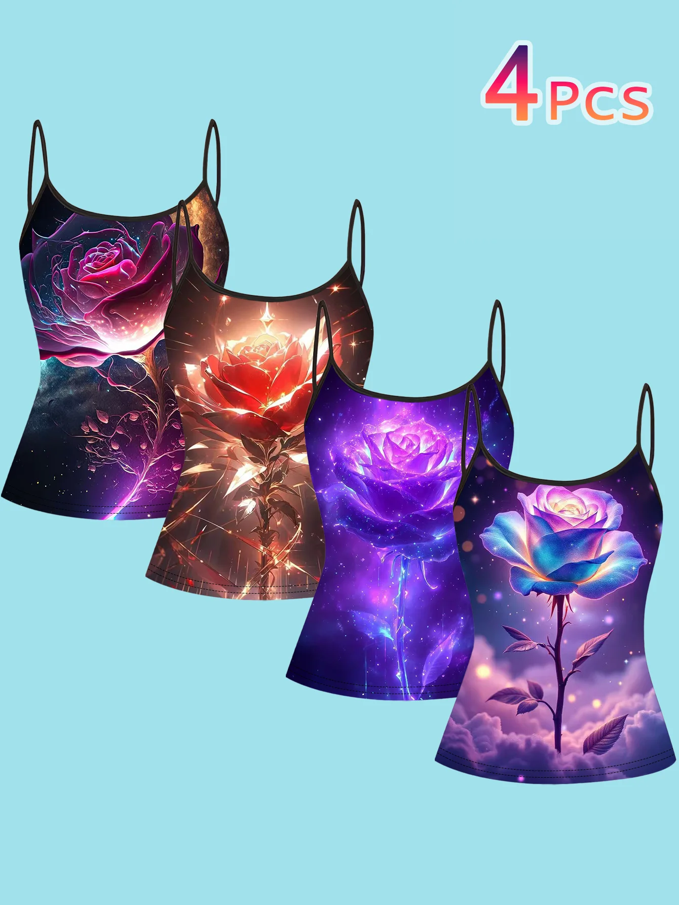 4-Piece Set of Women's Spaghetti Strap Camisoles with Starry Sky and Nebula Luminous Magic Rose Fantasy Art Print Slim Fit Sleeveless Tops