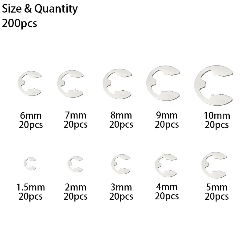 200pcs Stainless Steel E-Shaped Open Snap Ring, C-Shaped Retaining Ring, E-Shaped Retaining Ring for Shaft
