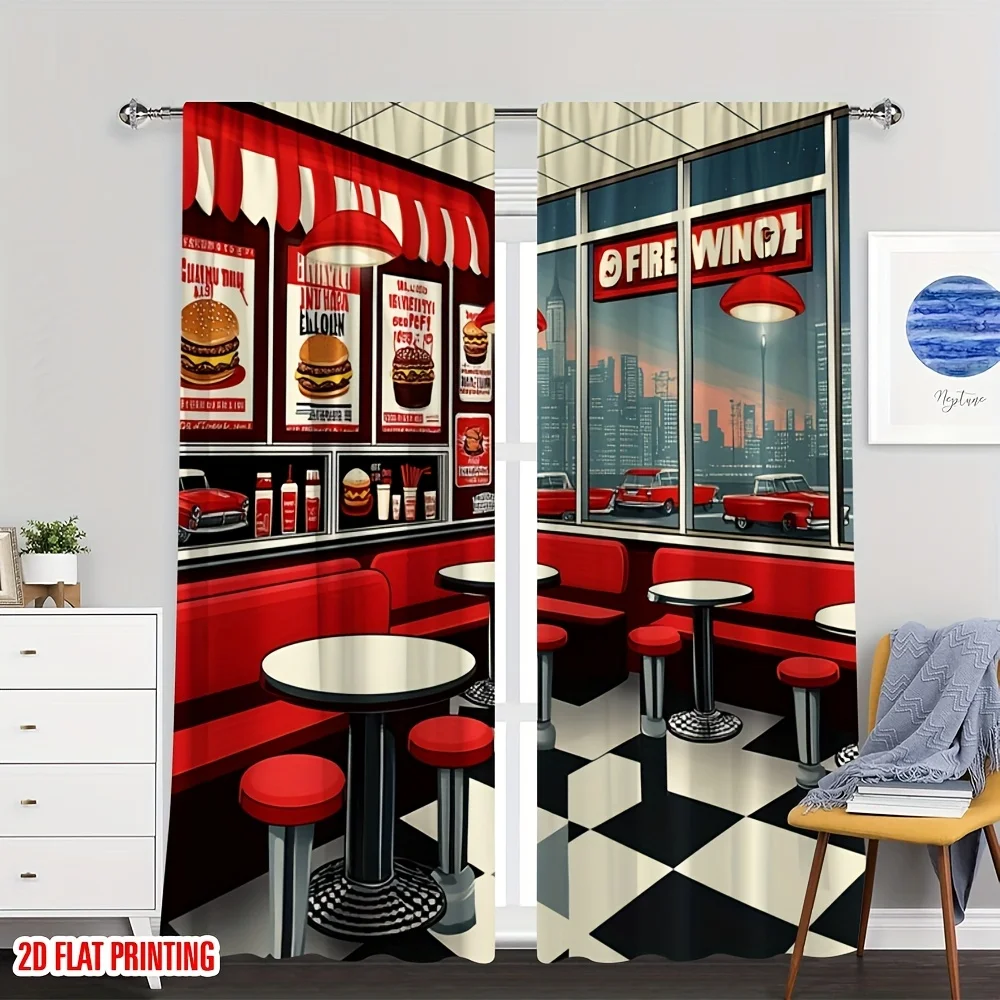 Retro Diner Curtains, Vintage American Restaurant Window Drapes, Burger Bar Decor, Blackout Fabric for Kitchen Living Room Game