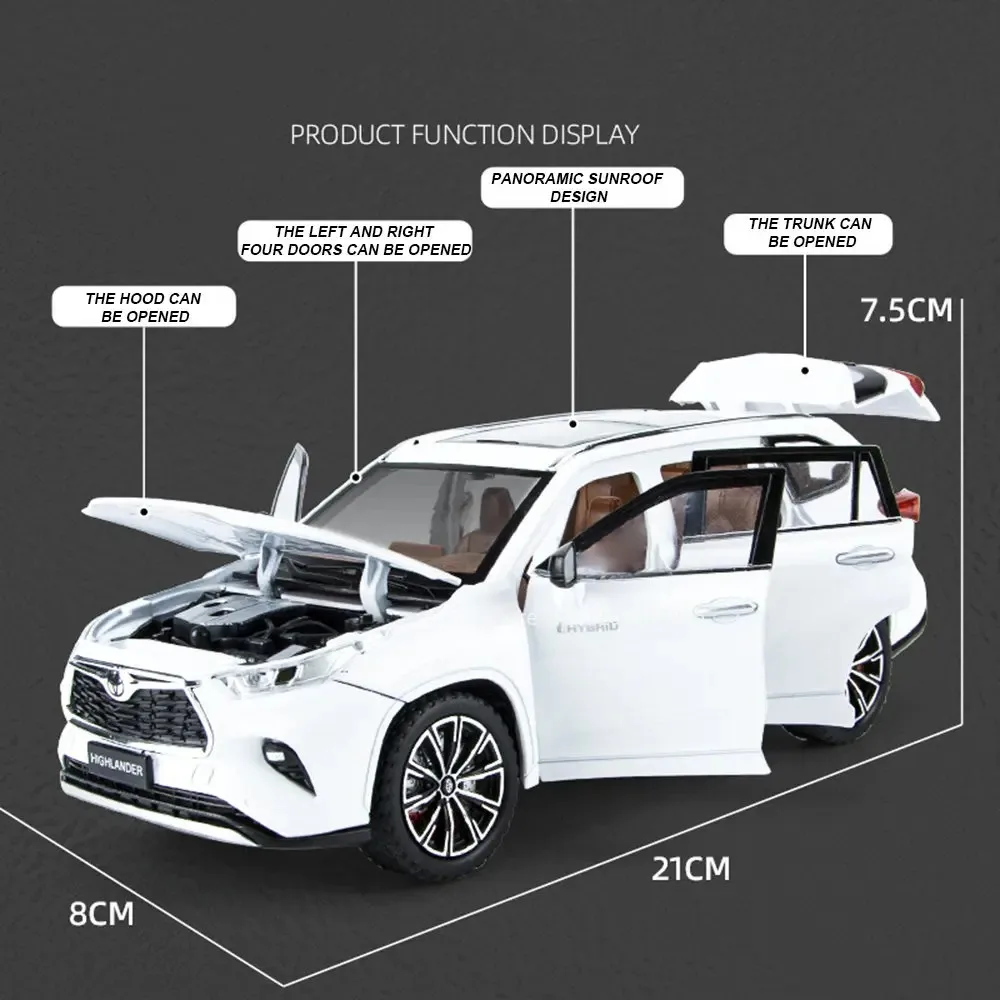 Scala 1:24 Pressofusione in lega RAV4 Highlander Auto Giocattoli Modelli Luce e musica SUV 6 porte aperte Veicoli Giocattolo Ragazzi Regali di compleanno