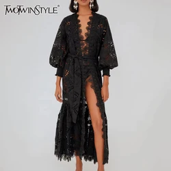 TWOTWINSTYLE Patchwork Lace Up Dresses For Women V Neck Long Sleeve High Waist Sexy Hollow Out Dress Female Fashion Clothing New