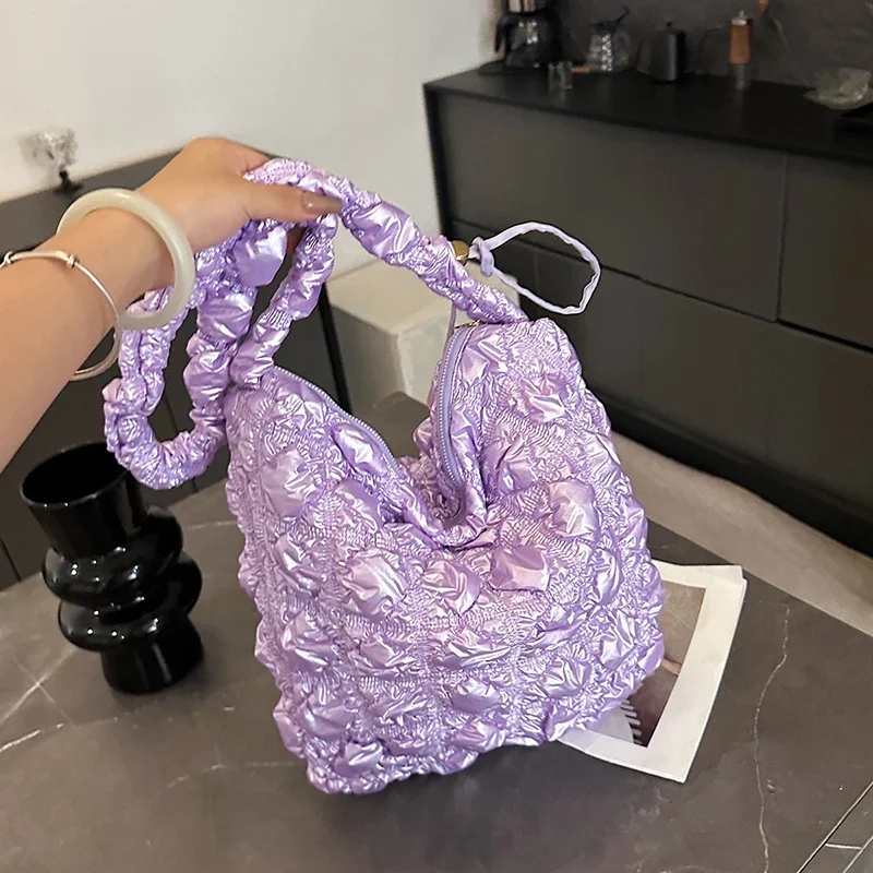 

New Versatile Thread Sweet Women's Handbags 2026 Hot Sale Plaid Ruched Shoulder Bags Microfibersolid Color Commuting Tote Bags