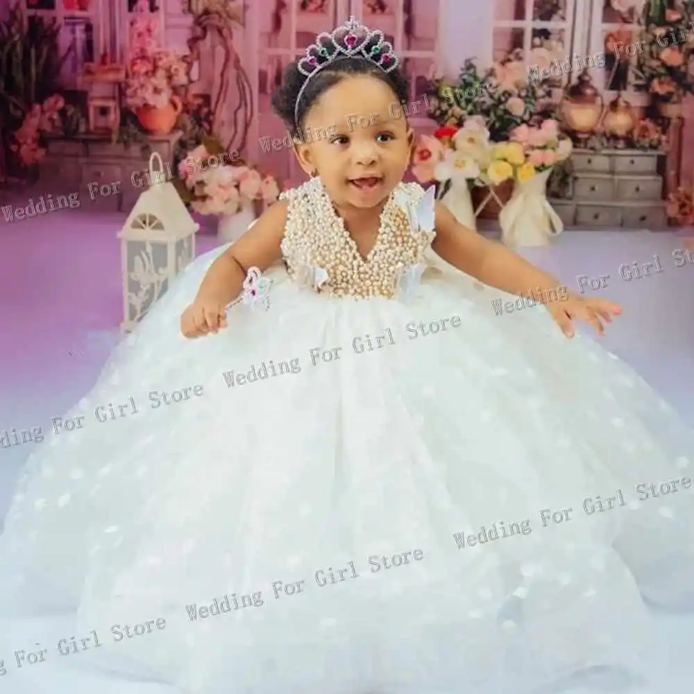 

Pearls Butterflies Flower Girl Dresses V neck Princess Girl Ball Gown Tulle Tutu Little Kids Birthday Pageant Wedding Gowns