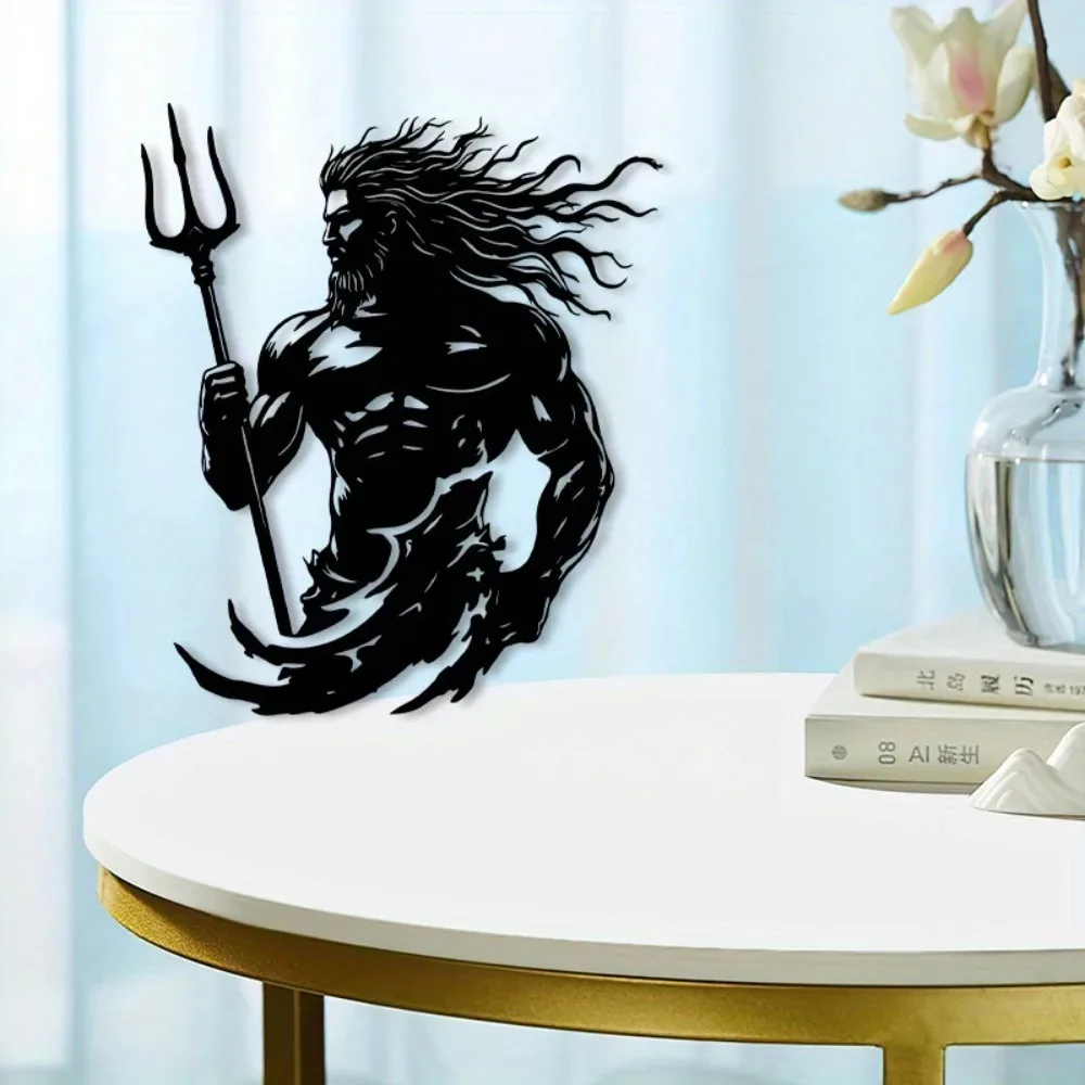 CIFBUY Metal Wall Art Poseidon Trident Greek God Silhouette Nautical Decor Black Sign For Living Room Bathroom Coastal Home