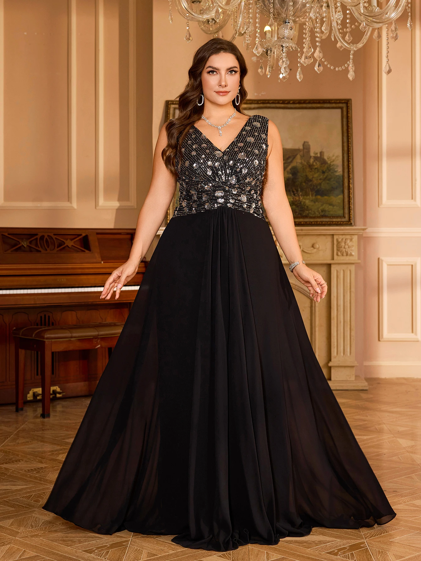 

UNITHORSE【Random Cropped】V-Neck Floral Sequin Sparkle Patchwork Chiffon Criss-Cross Waist-Defining Elegant Party & Banquet Dress