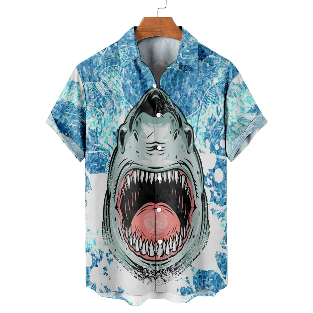 Fun Shark Print Men's Shirts for Men and Women Casual Fashion Button Lapel Streetwear Oversized Men's Short Sleeve Shirts