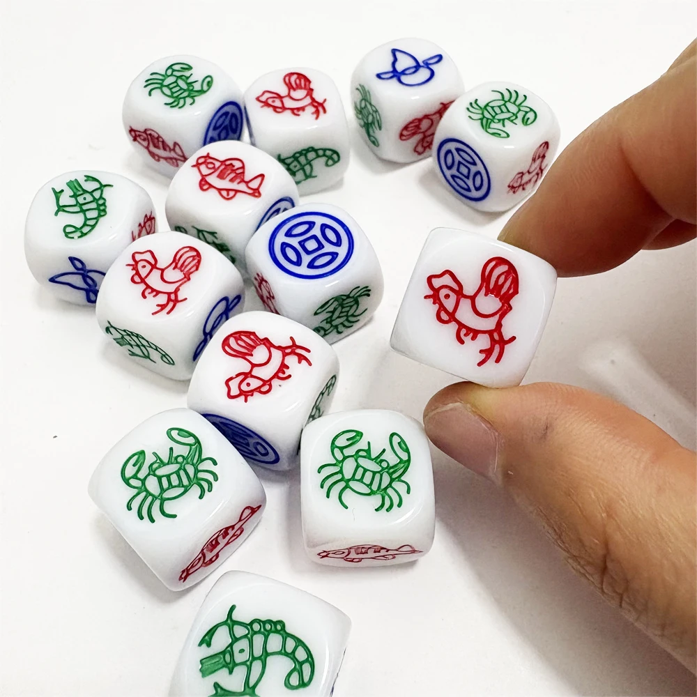 50 Pcs/lot 16mm Acrylic Pattern Dice Puzzle Game D6 Dice Copper/gourd /chicken /fish /shrimp Funny Game Accessory
