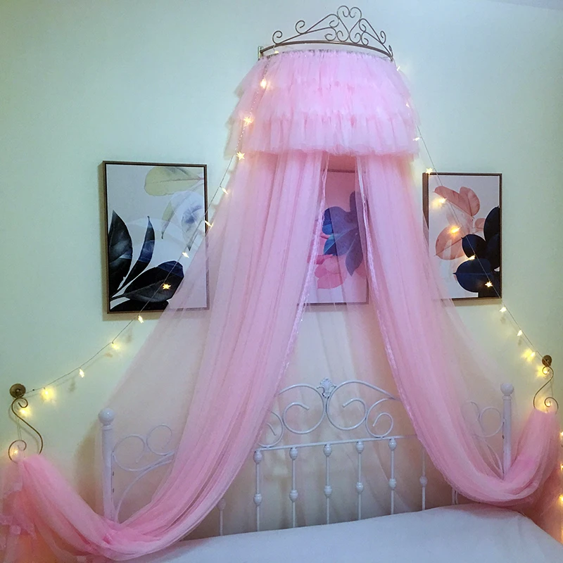 

Princess Crown Mosquito Net Bed Curtain Girl Children Room Decor Bedside Yarn Net Romantic Tents Bed Valance Canopy with Crown