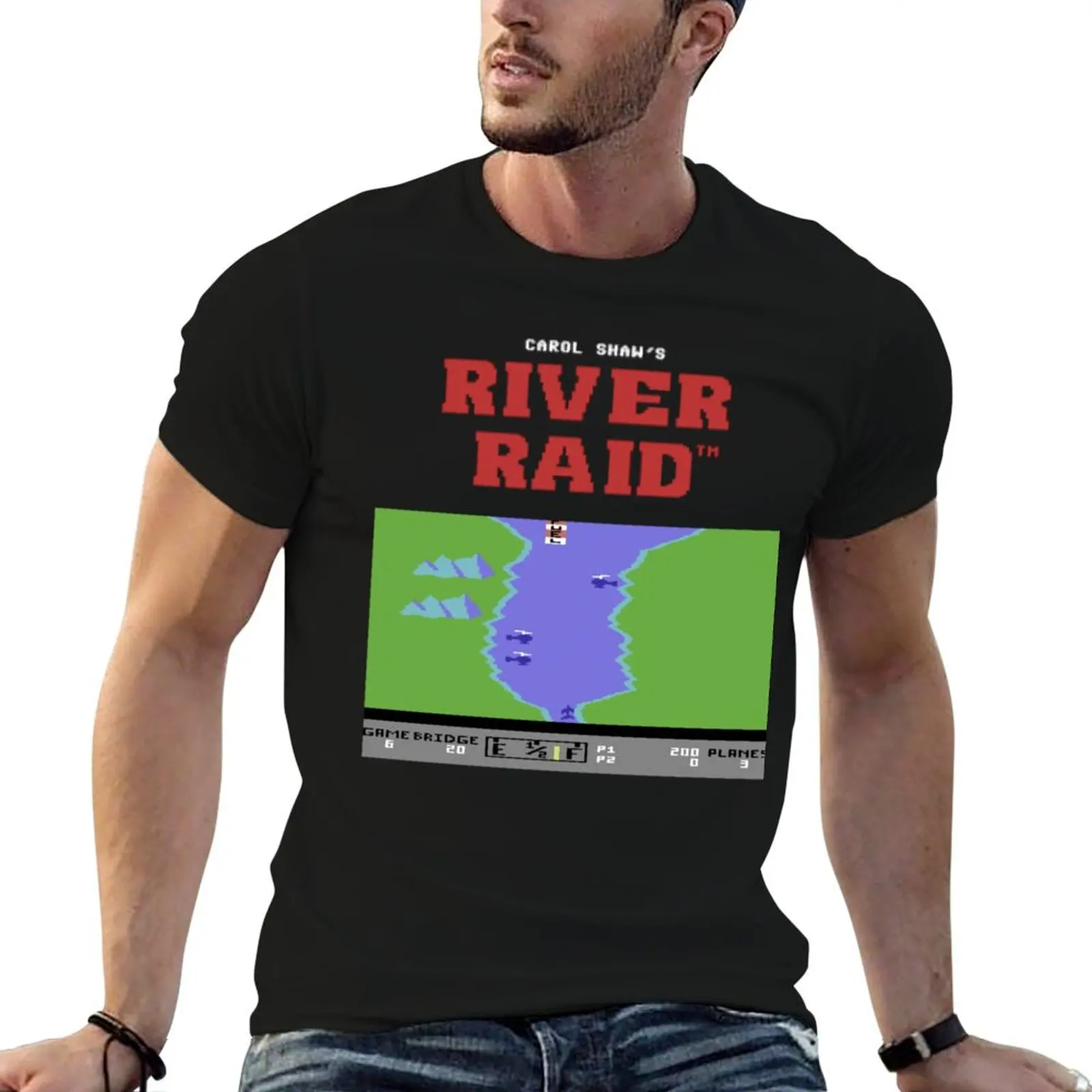 River Raid para C64 e outros computadores domésticos. (1) Camiseta masculina, camisetas gráficas para homem, camiseta vintage gráfica
