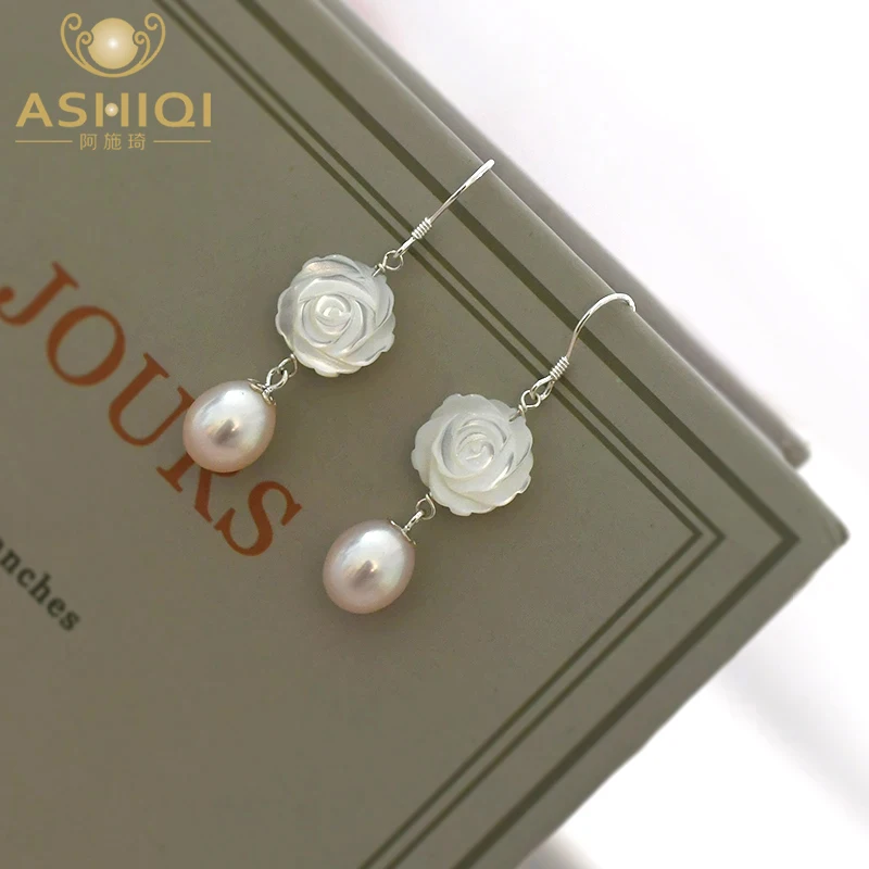 ASHIQI Natural Freshwater Pearl Shell Flower 925 Sterling Silver Earrings Fashion Jewelry for Women