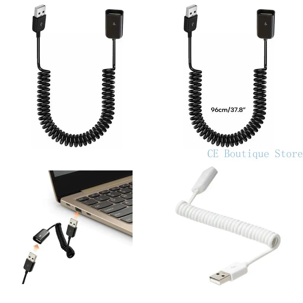 652F USB 2.0 Male to Female Coiled Adapter Cable 1M/3.2Ft Spring Telescopic Extension Wire Cord for Charging