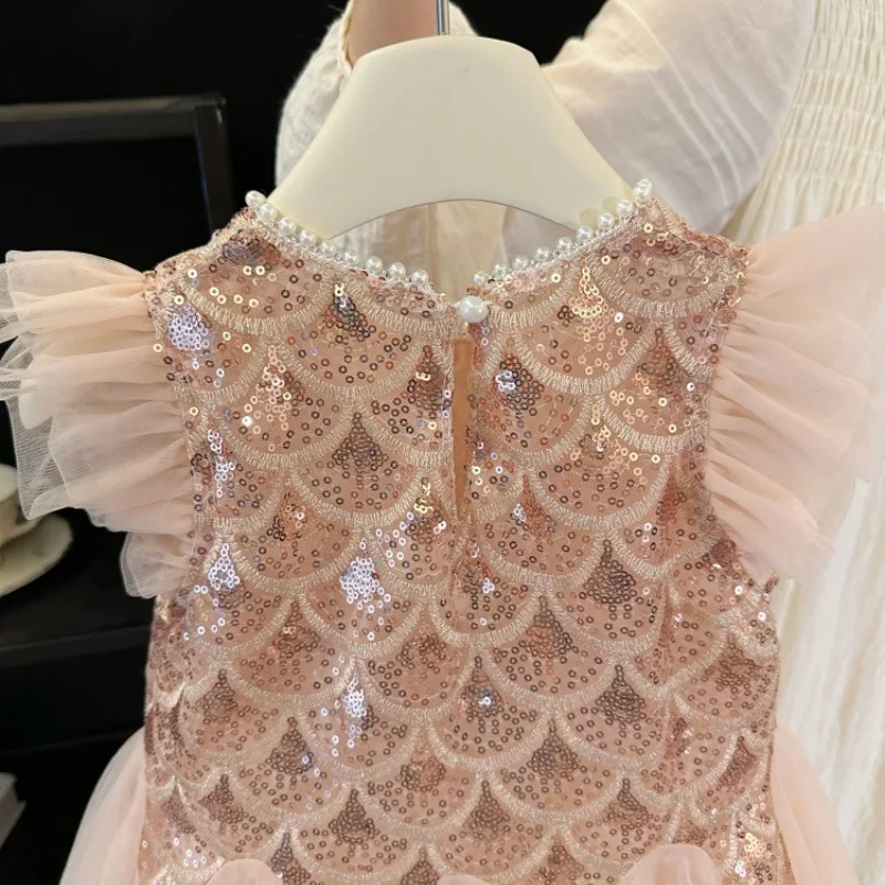 Mädchen Geburtstagsparty Prinzessinnenkleid O-Ausschnitt Trompetenärmel Paillettenbesetztes Mesh-Kleid für Bühnenauftritte Hochzeit S3069-2 – Detail 15