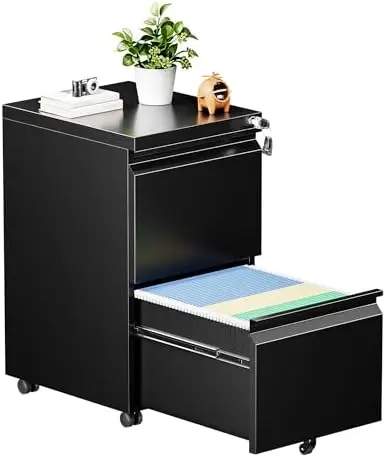 2 Drawer Mobile File Cabinet with Lock, Fully Assembled Except Casters, Under Desk Metal Filing Cabinet for Home Office
