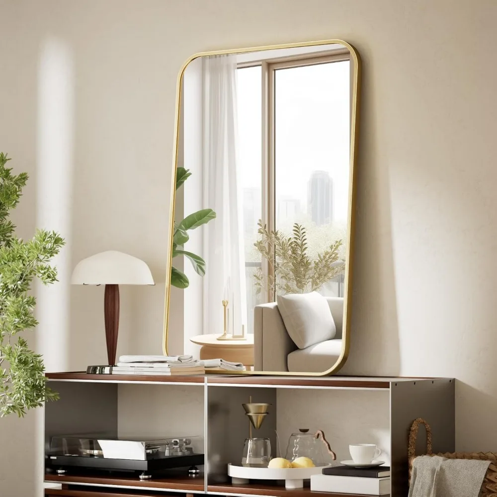 24x36 인치 골드 직사각형 알루미늄 프레임 벽거울, 둥근 모서리, 파손 방지 디자인