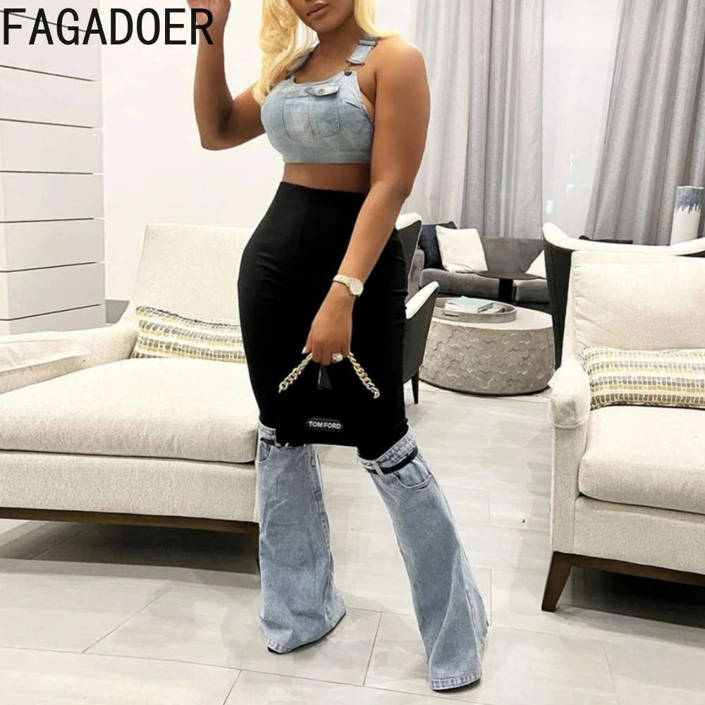 FAGADOER Vintage Fashion Patchwork Denim Flared Pants Women High Waist Elastic Skinny Trousers Casual Female Bottoms Streetwear