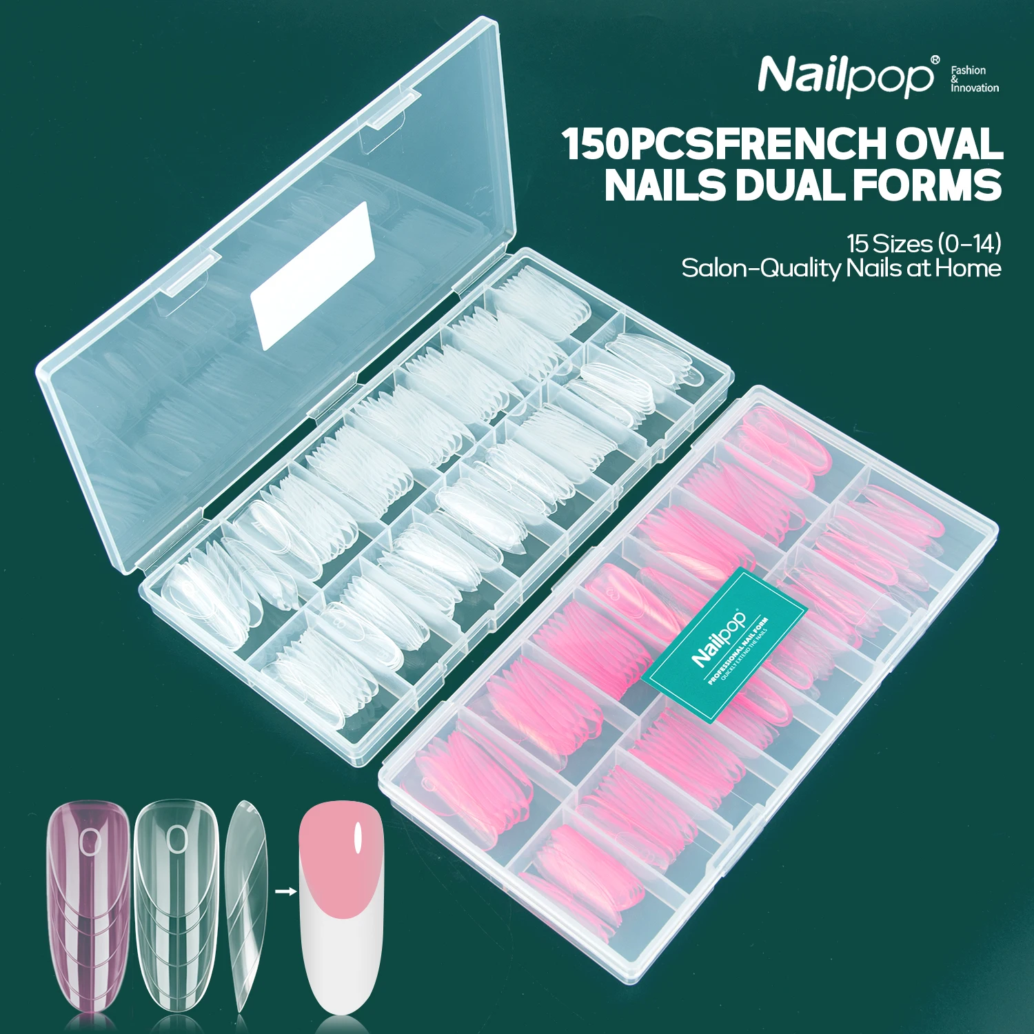 

Nailpop 150pcs French Nail Dual Forms Oval Shape Reusable Transparent Pink Gel Acrylic Nail Tips Extension Builder Molds Tool