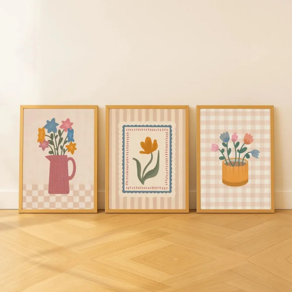 Frameless Lattice Pastoral Wall Art,Floral and Canvas Paintings,Lattice Patterns,Soothing Colors,Modern Minimalist Bedroom Decor
