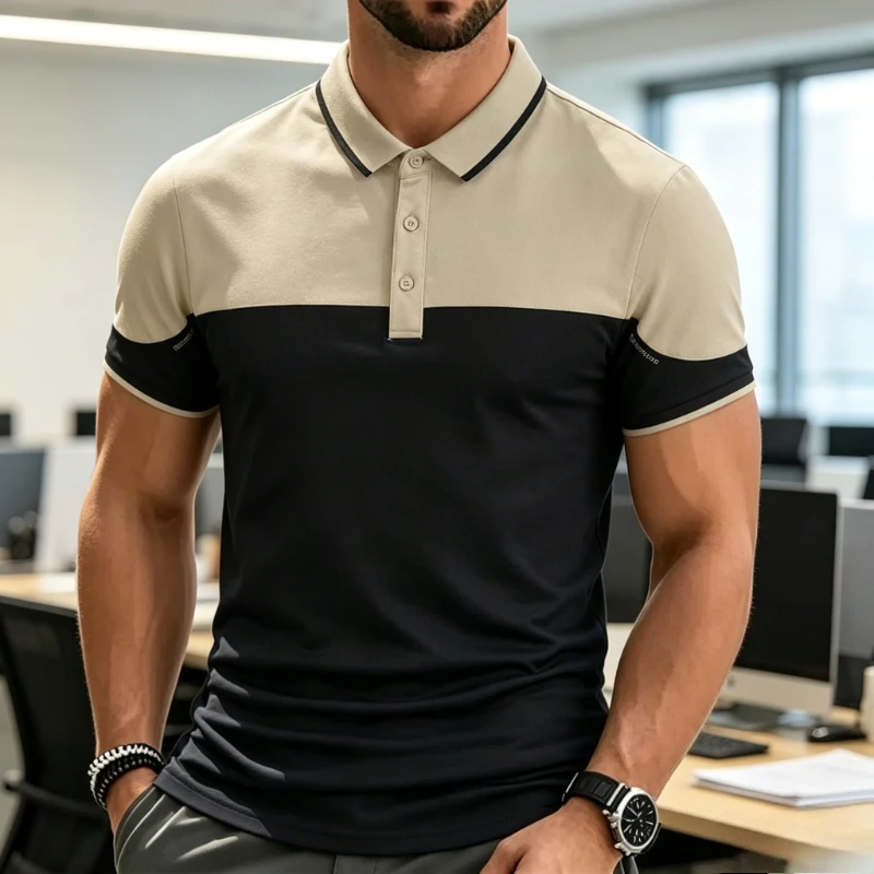 Patchwork Business Polo Shirt Men Short Sleeve Polos Shirts Summer Trendy Brand Flip Collar Ice Silk Shirt Collar Men's T-shirt