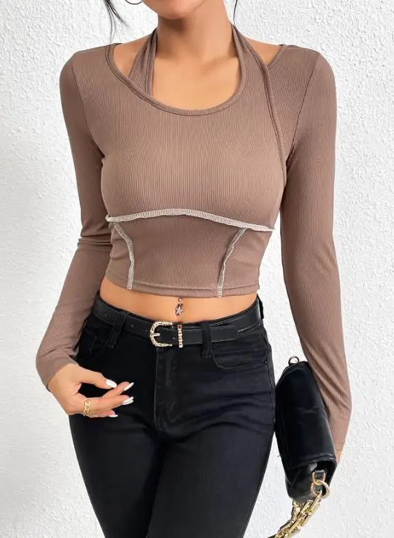 

Slim Fit Women's T-Shirt for Spring and Summer Fashion Trend Splicing Fake Two-Piece Design Knitted Top Suitable for Daily Use