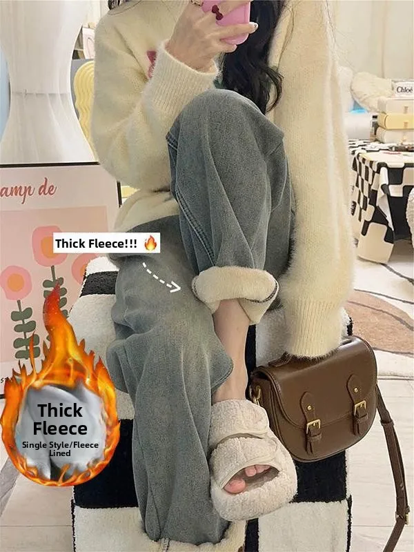 

Женские джинсы с широкими штанинами на флисовой подкладке, с высокой талией, прямого кроя, для осенне-зимнего сезона, новинка, для фигуры типа «груша»