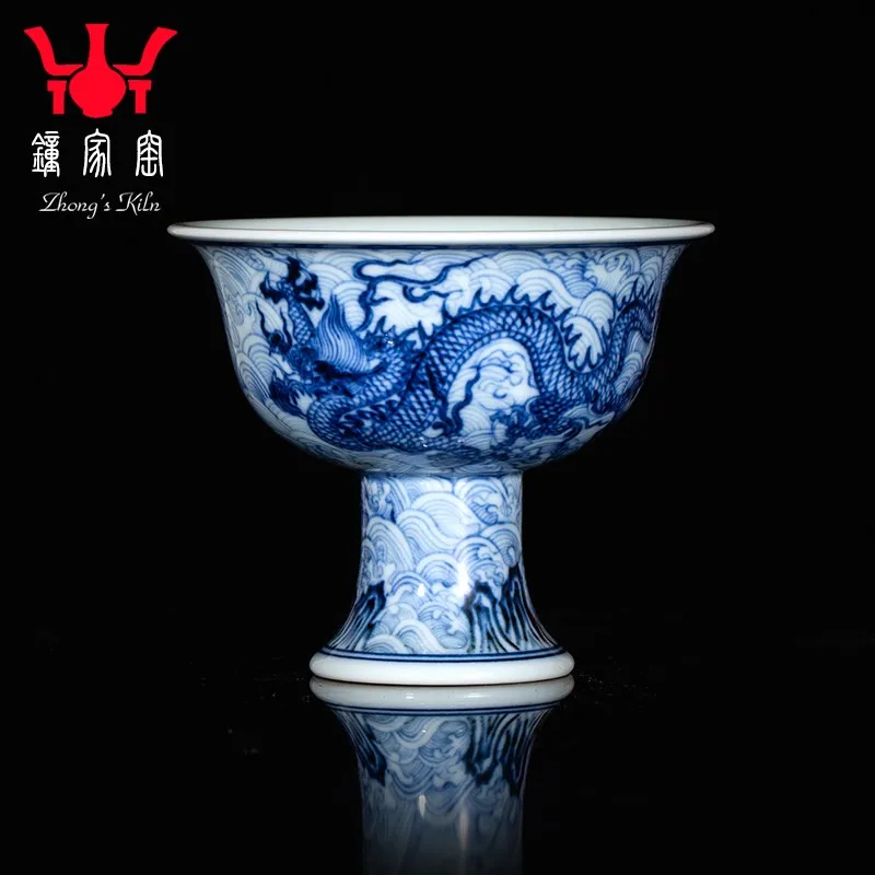 Zhongjia Kiln Master Cup Tea Cup Hand Painted Blue and White Firewood Kiln Relief Sculpture Dragon Pattern Goblet Jingdezhen Han