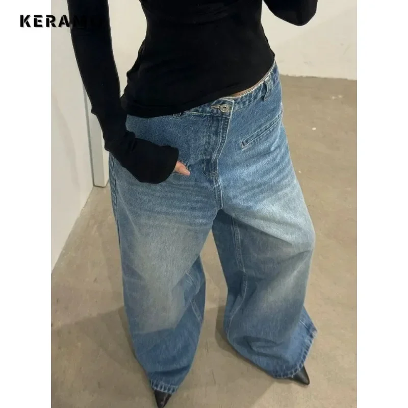 Retro High Waist Oversized Blue Jeans Women Casual Baggy Wide Leg Pocket Y2K Pants American Grunge Street Solid Denim Trouser