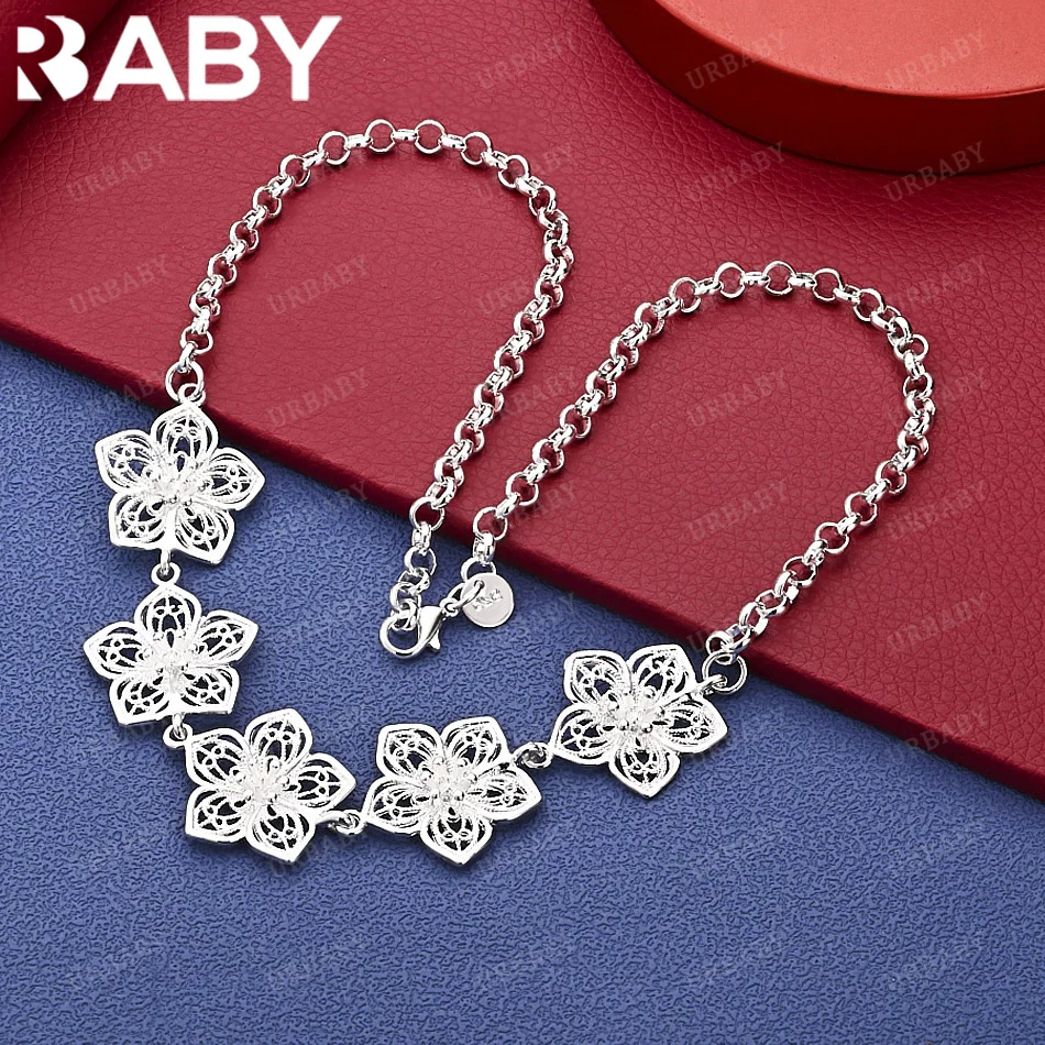 

URBABY 925 Sterling Silver 50cm Hollow Flowers Chain Necklace For Women Charm Trend Birthday Gifts Fashion Party Fine Jewelry