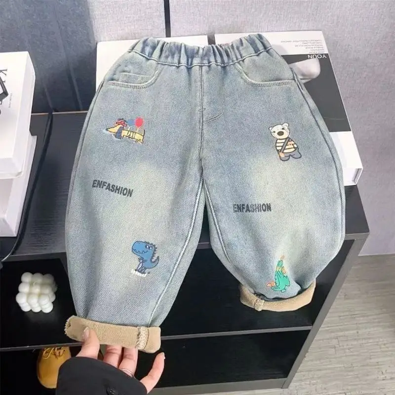 

Children's Velvet Thick Jeans Autumn/Winter Versatile Boys and Girls Korean Edition Casual Pants One piece Velvet Pants