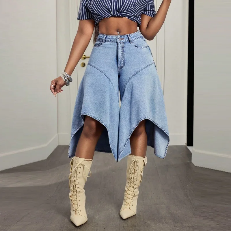 Women Irregular Asymmetrical Hem Denim Shorts High Waist Wide Leg Jeans Vintage Light Blue Streetwear Midi Skirt Pants