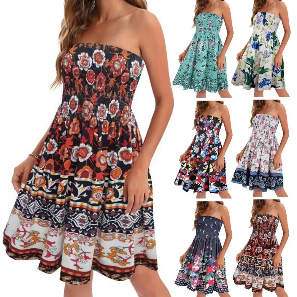 Women Resort Dress Off-shoulder Printed Dress Bohemian Floral Printed Off Shoulder Summer Dress for Women A-line Knee Length