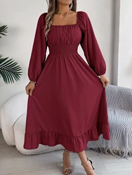 Spring Summer Elegant High Waist Square Neck Long Sleeve Ruffled Edge Long Dresses for Bridesmaids Red Blue Khaki Women Dresses