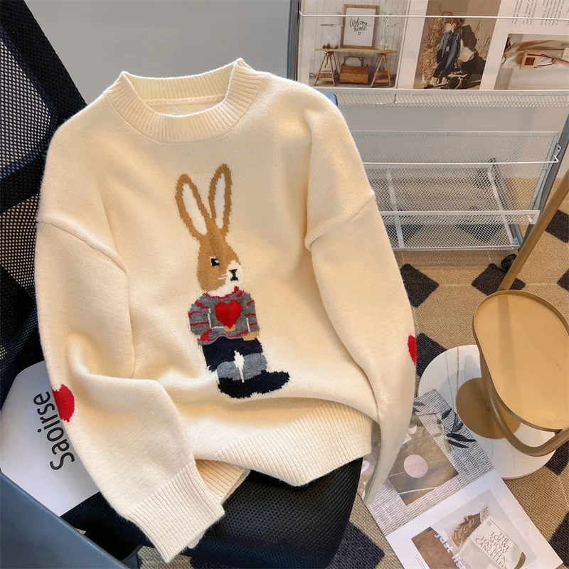 Women Sweater Elegant Rabbit Pattern Knitted Pullover Women\'s Clothing Winter 2022 Long Sleeve Top Jumpers Female Sweaters