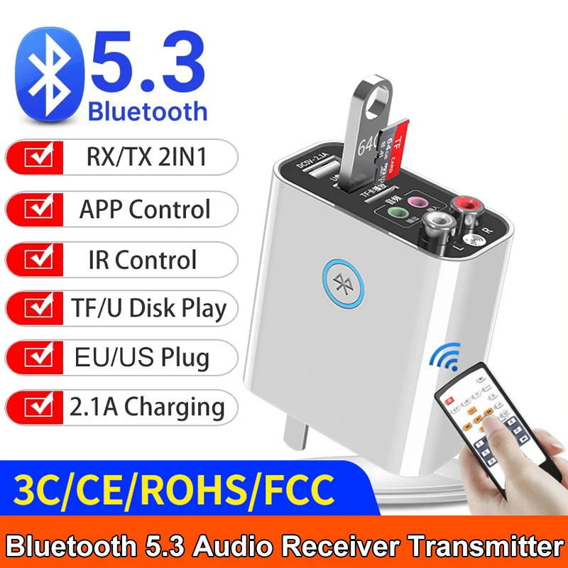 بلوتوث 5.3 استقبال الصوت الارسال ستيريو محول لاسلكي TF/U القرص تشغيل شحن USB سريع لسماعة الرأس التلفزيون IR APP التحكم