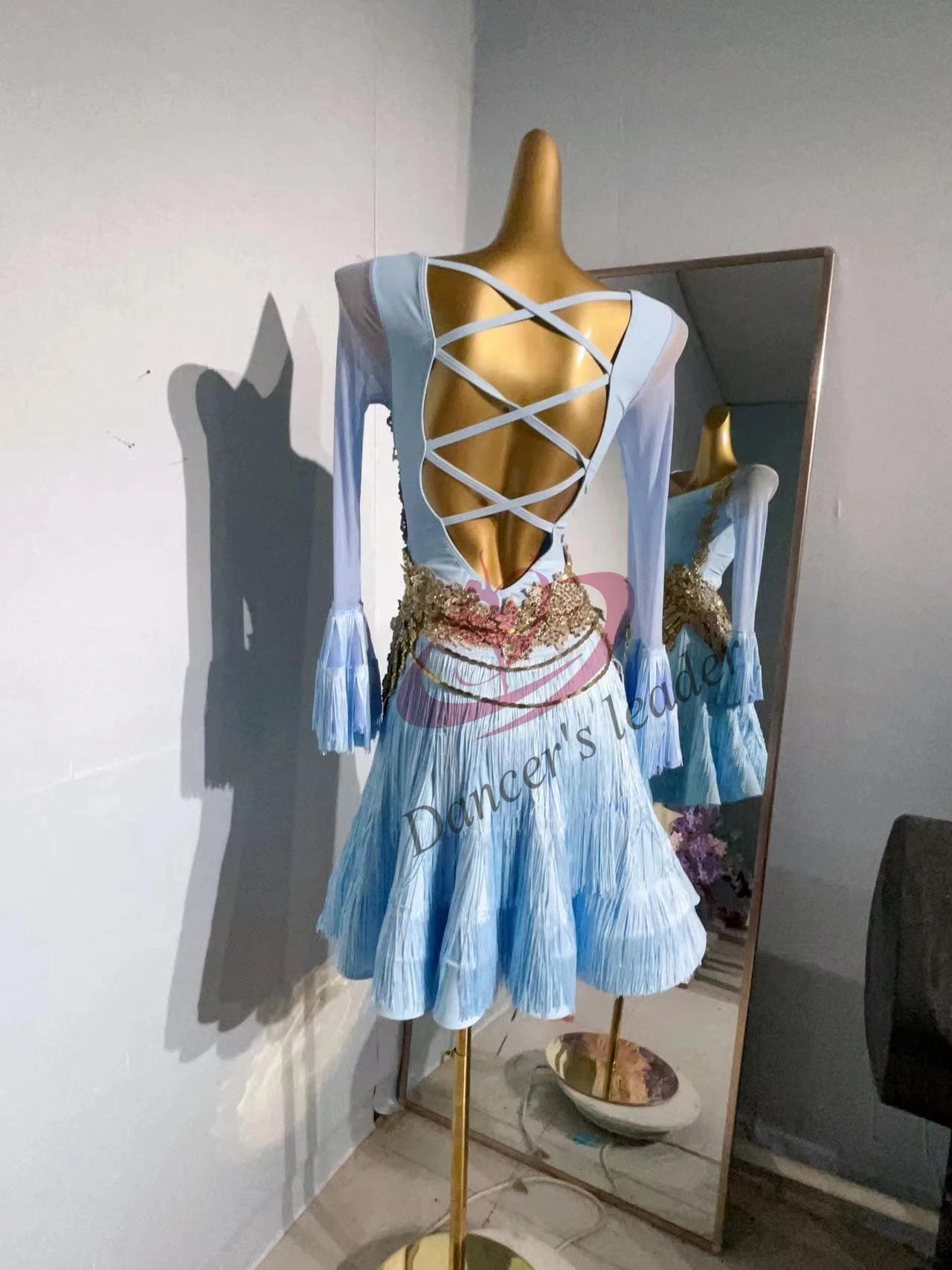 Latin Dance High end Customized Open Waist Long Sleeve Skirt Dress Cha Tango Female Stage Performance Professional Clothing