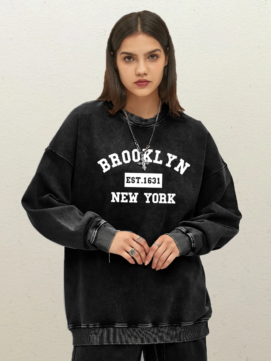 Brooklyn Est. 1631 New York Letter Prints Woman Washed Cotton Sweatshirt Fashion Soft Clothes Casual Autumn Hoodies Loose Tops